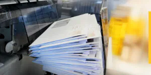 Mailing envelopes printed and inserted stack on a mailing finisher