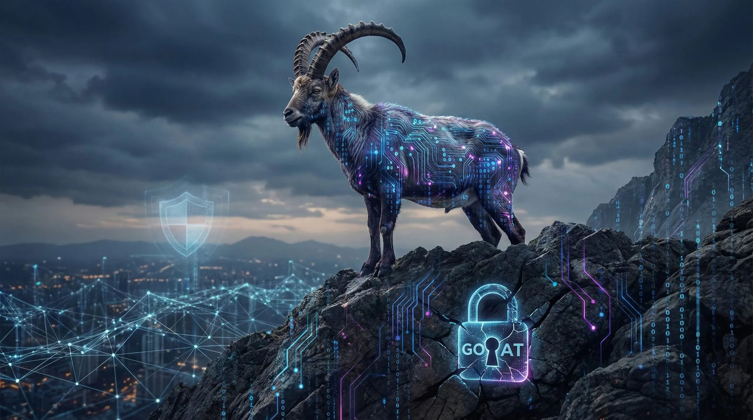 A conceptual digital goat illustration representing the importance of cybersecurity hygiene in protecting business data from the GOAT credential leak.