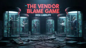 Business professionals in isolated glass silos pointing fingers at each other, illustrating the operational risks and "blame game" that occur without an integrated IT and print strategy.