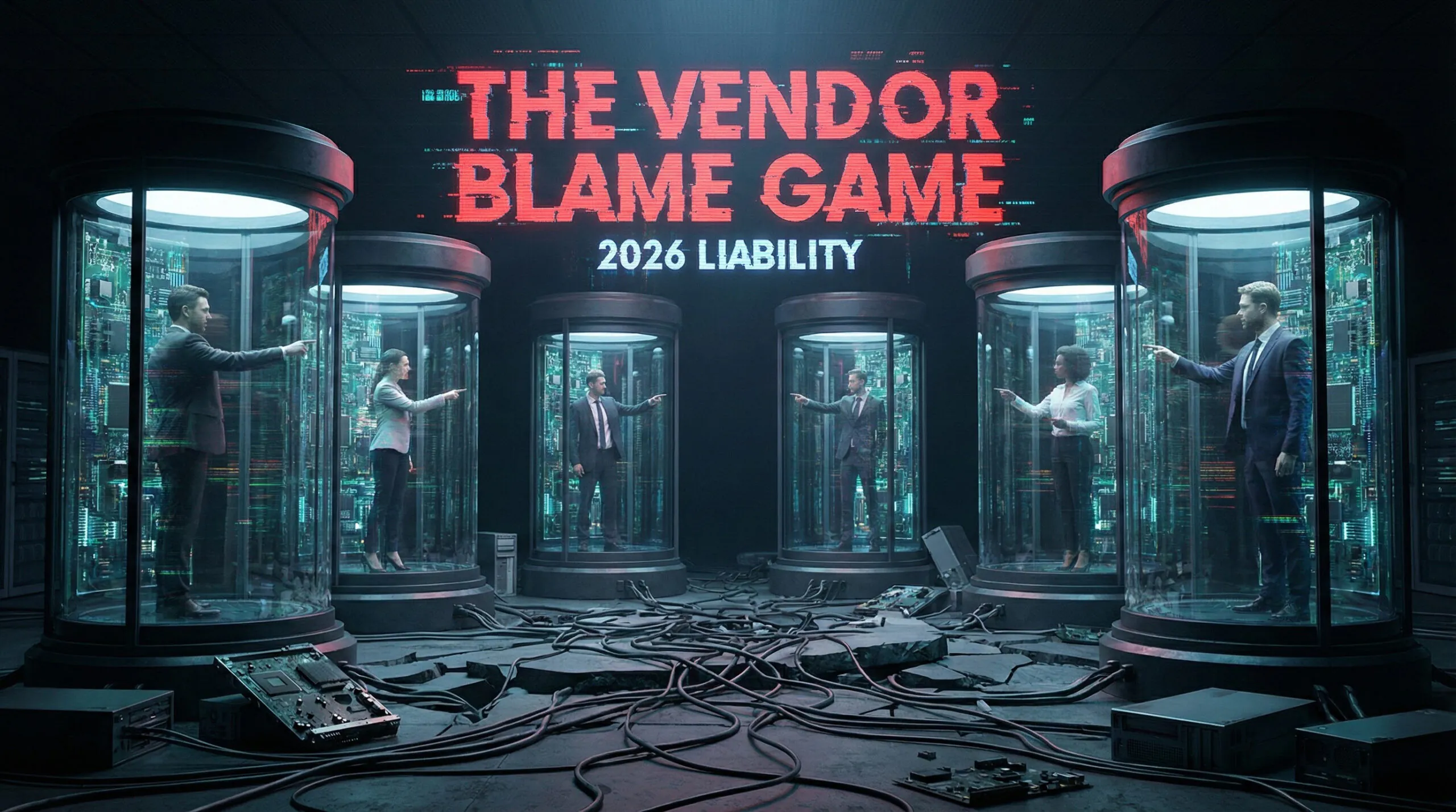 Business professionals in isolated glass silos pointing fingers at each other, illustrating the operational risks and "blame game" that occur without an integrated IT and print strategy.