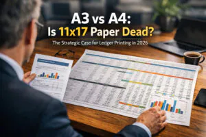 A business executive comparing an 11x17 ledger spreadsheet with a standard letter-sized report on a conference table