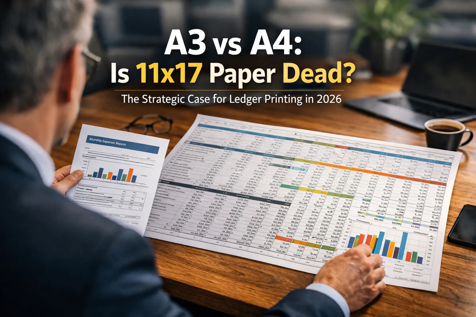 A business executive comparing an 11x17 ledger spreadsheet with a standard letter-sized report on a conference table