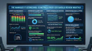 Managed IT scorecard dashboard showing 15 key metrics CEOs should review monthly, including security, uptime, backups, and service performance
