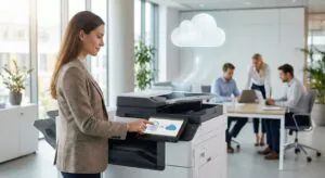 Modern office team using MFP workflow automation to scan documents directly to the cloud
