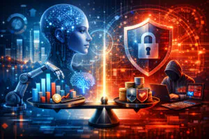 A conceptual illustration of strategic IT budgeting 2026 showing a balance scale weighing AI innovation against cybersecurity defense.