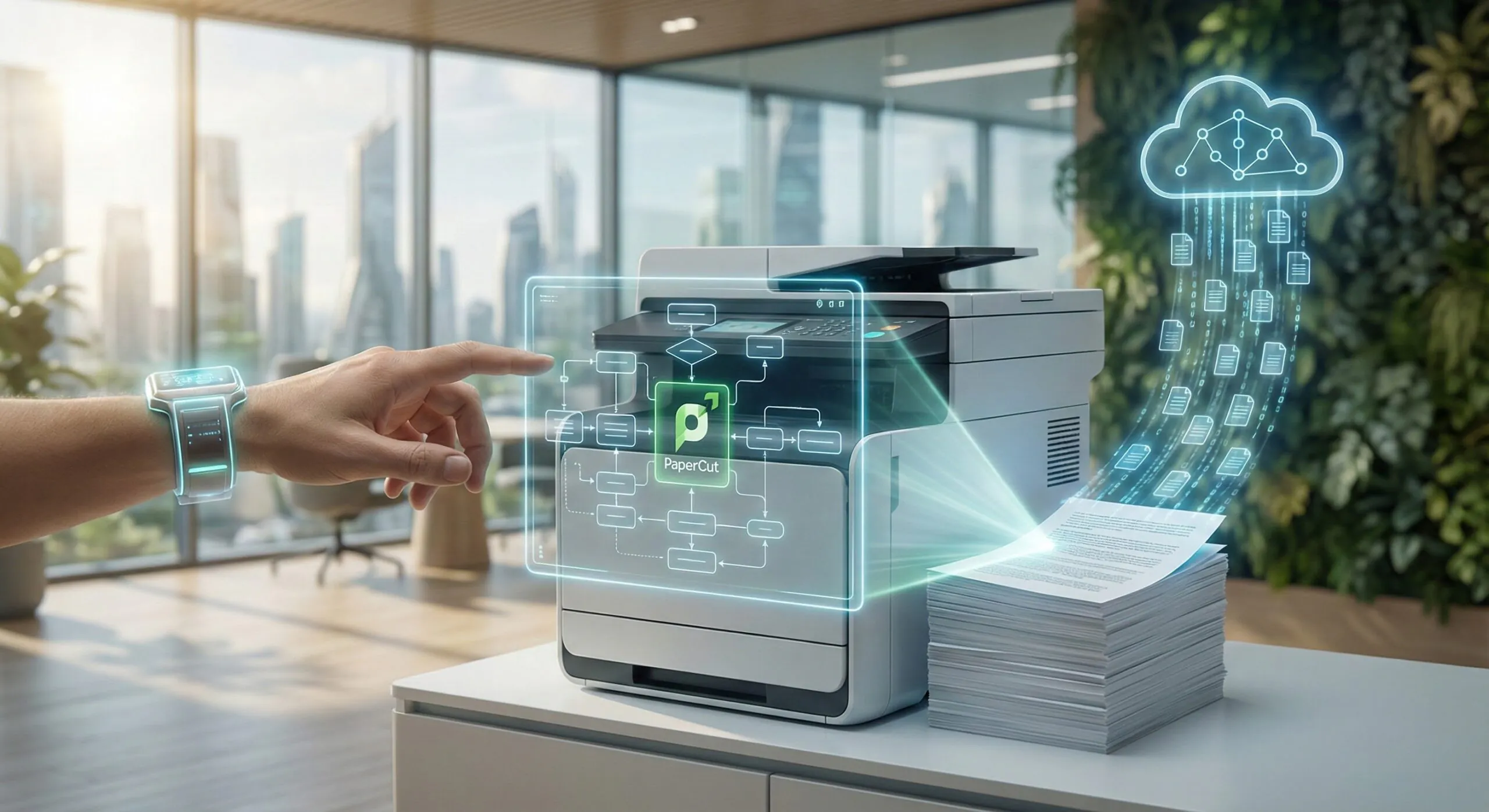 Modern multifunction printer displaying PaperCut print management software interface with secure cloud workflow visualization.