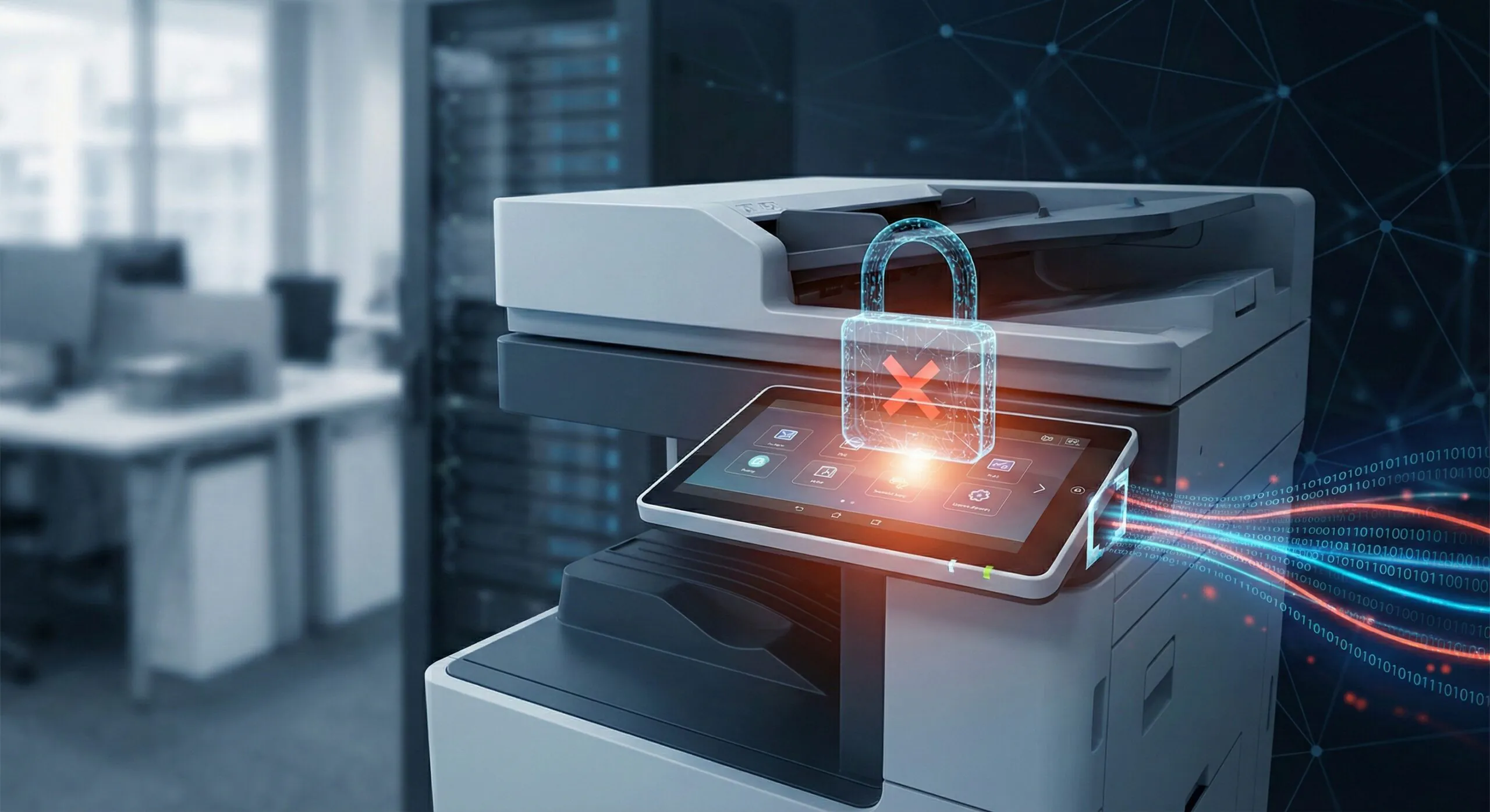 A digital hologram of a padlock securing a modern multifunction printer, representing network print security and data protection.