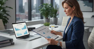 CFO reviewing a print outsourcing business case with cost analysis data